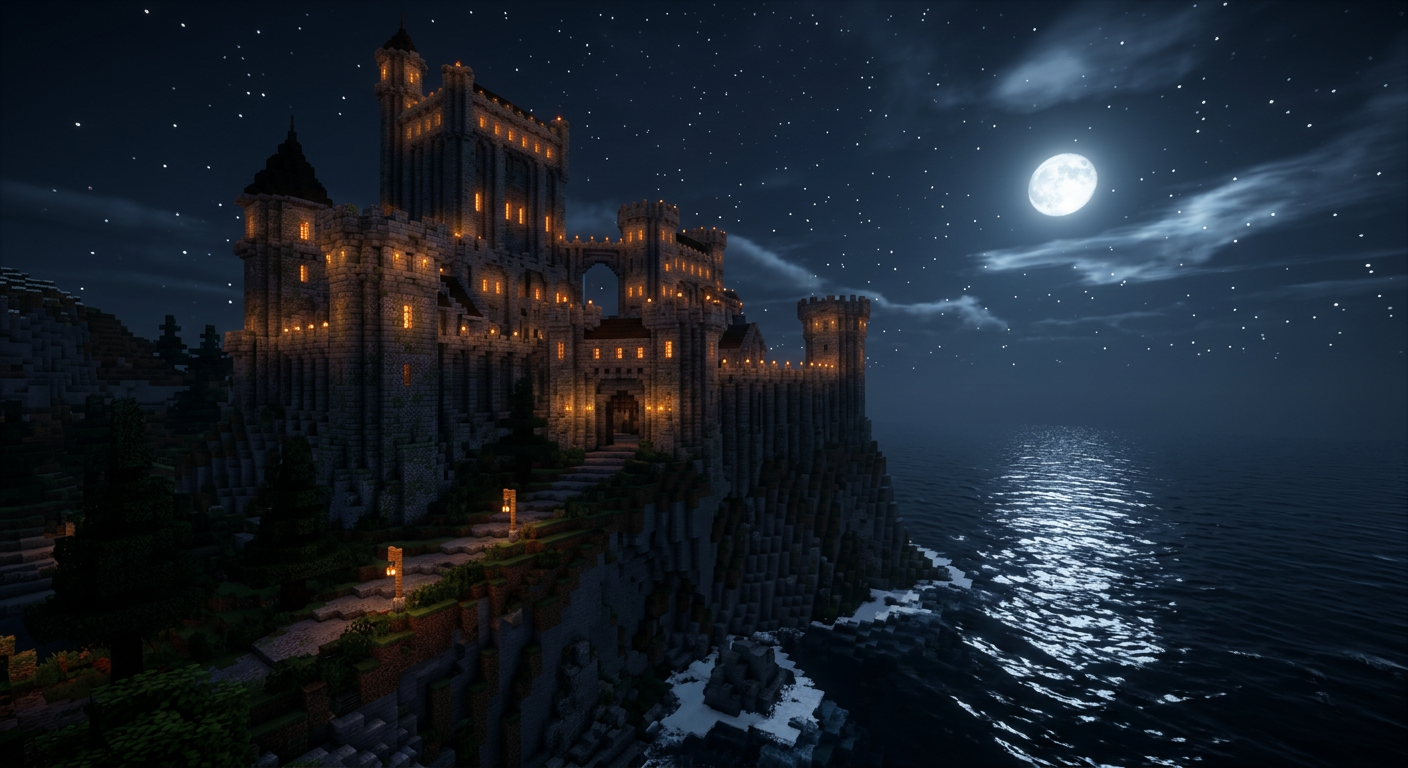 A large player-built stone castle on a cliff
