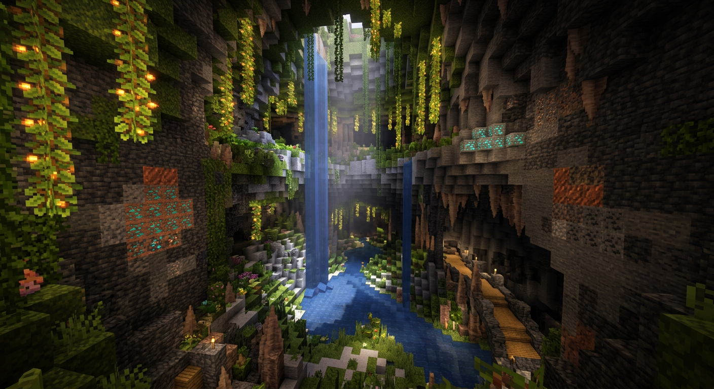 A glowing underground cave with amethyst and copper ore
