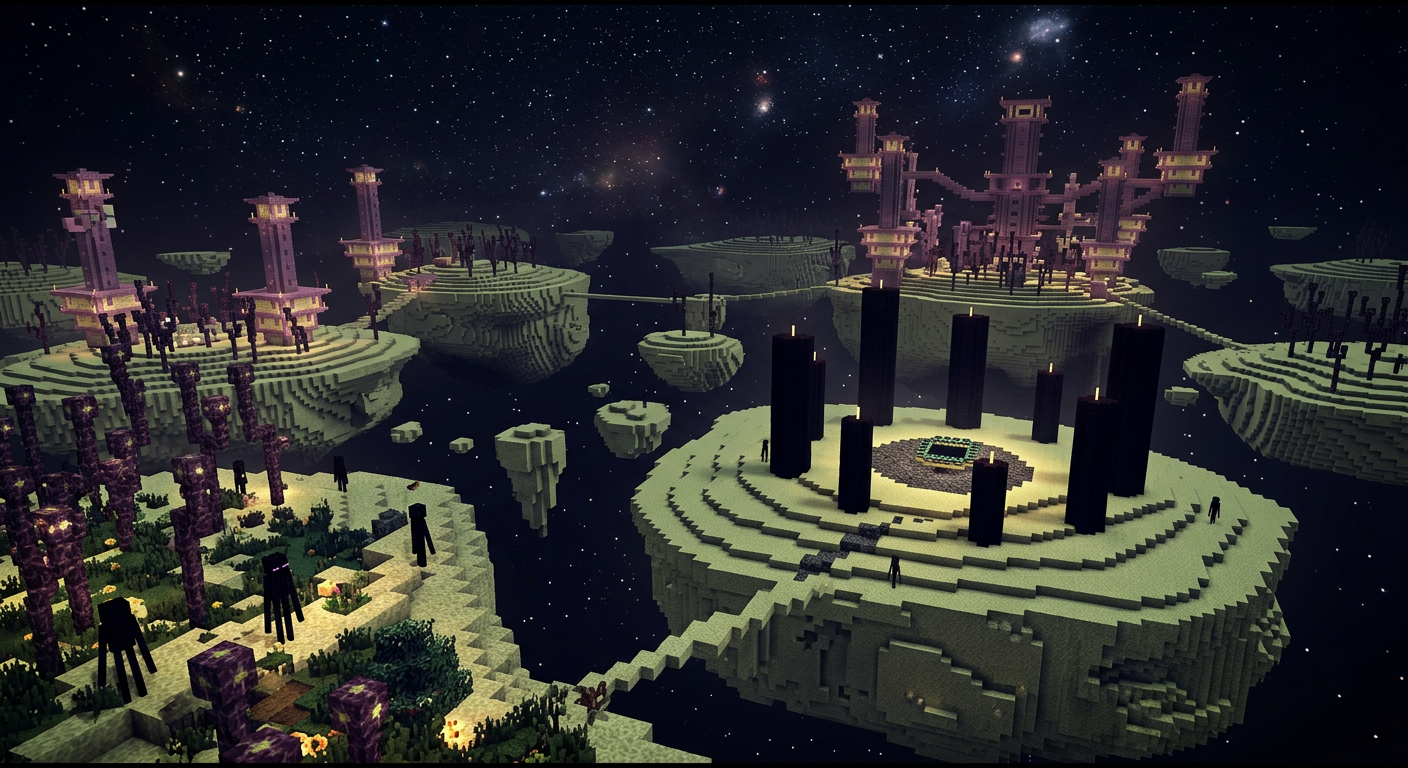 End islands with purpur towers under a starry sky