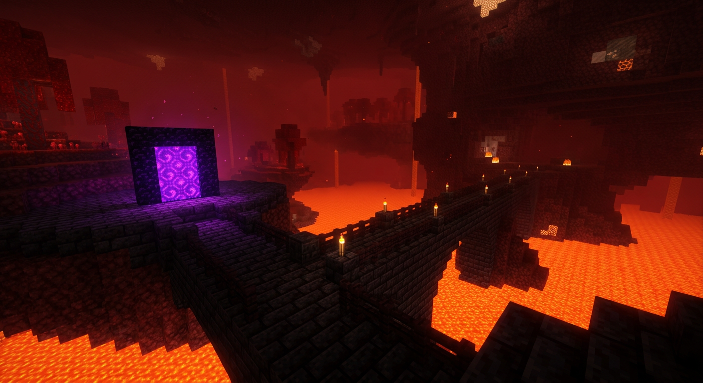 A lit highway through the nether over lava
