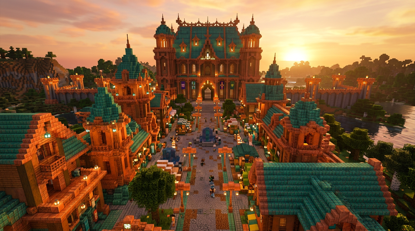 The server spawn built from copper blocks at sunset