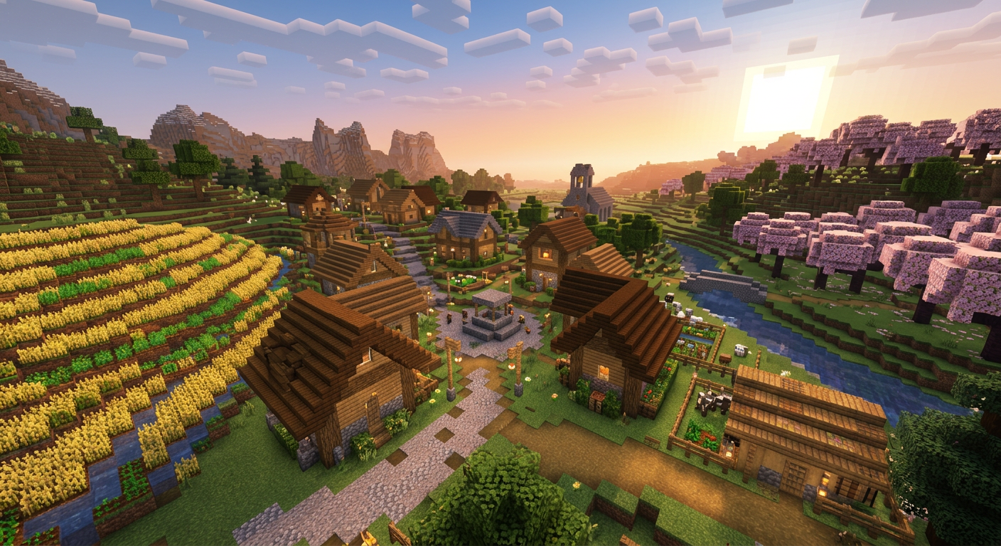 A bustling village market with stalls along a river